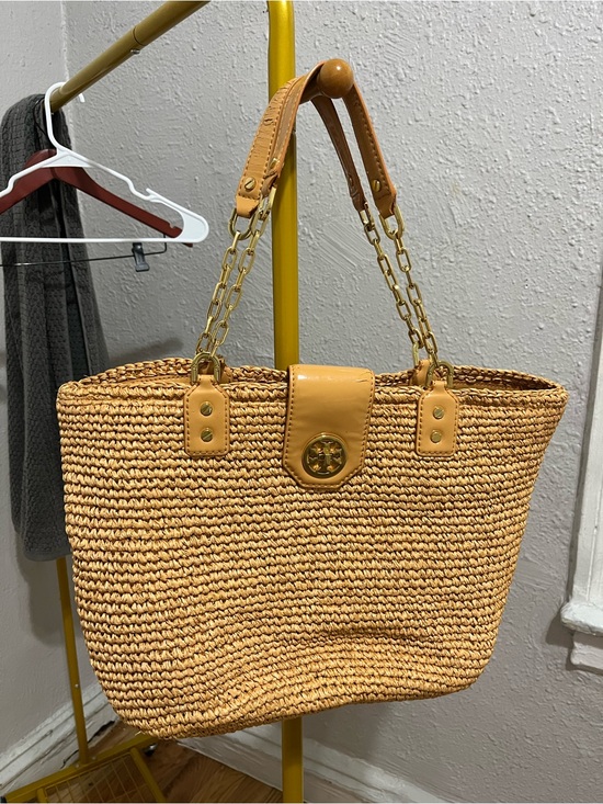 Tory Burch Handbags - Tory Burch Woven Straw Tote with Gold Chain Handles - Tan